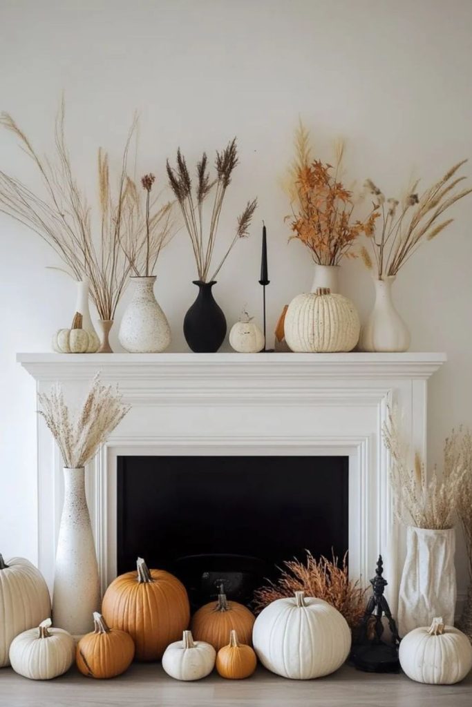 Scandinavian mantel with minimalist fall decorations.