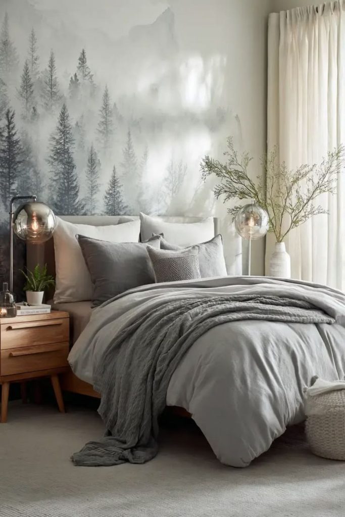 Bright Scandinavian bedroom with oak furniture.