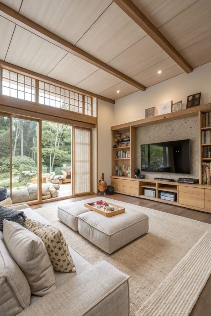 Scandinavian Japanese fusion living room.