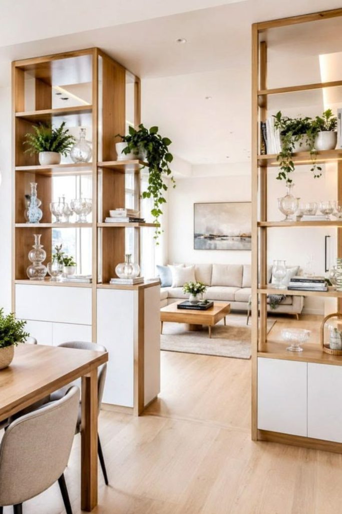 Scandinavian partition shelf living room design.