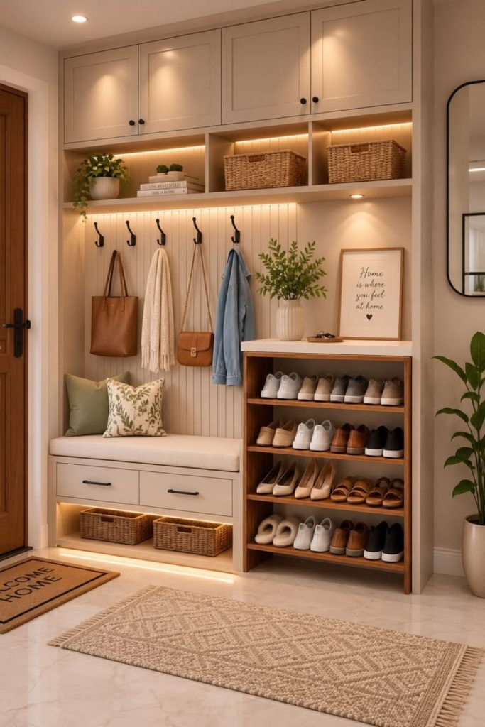 Scandinavian oak boot room with seating.