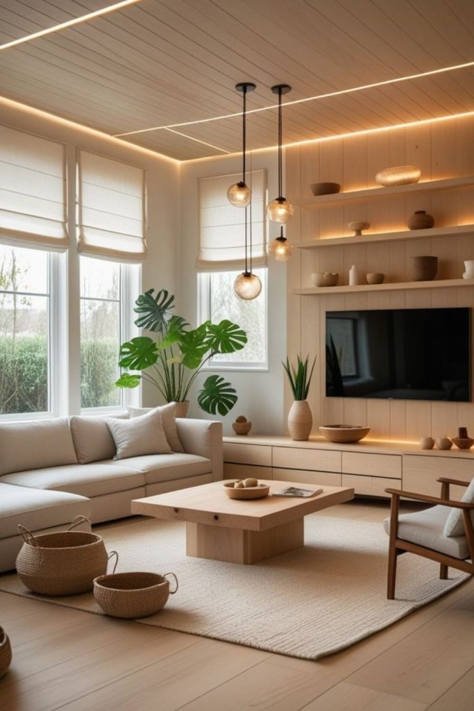 Scandinavian snug room with warm textures.