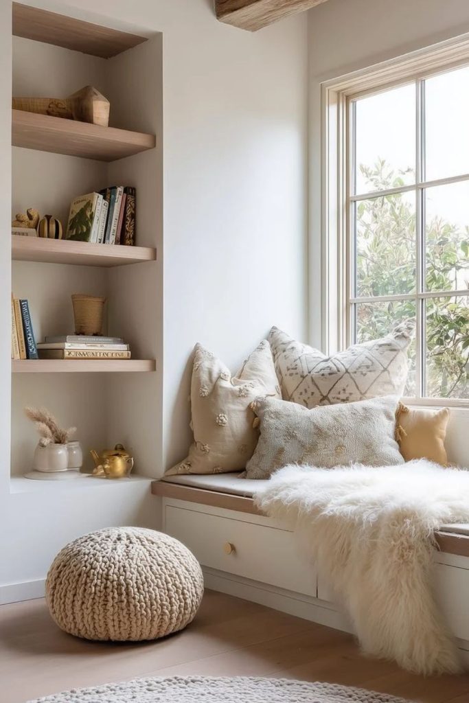 Scandinavian minimalist cozy window seat.