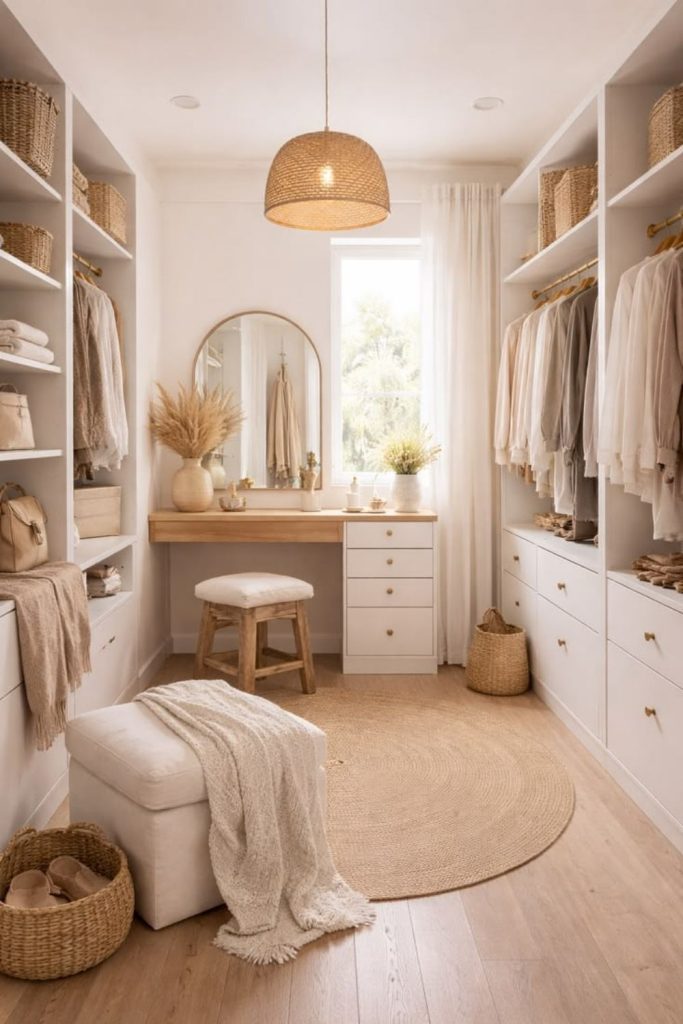 Scandinavian-inspired walk-in closet interior.