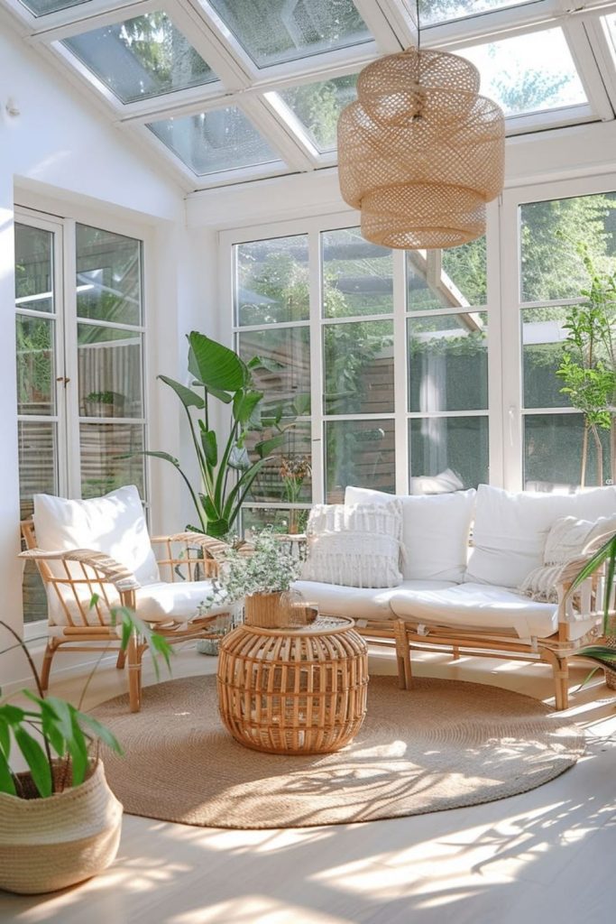 Scandinavian conservatory featuring pale natural wood.