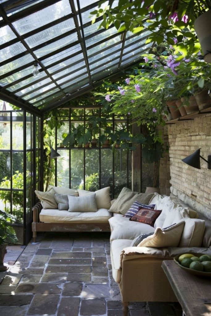 Secret garden conservatory overflowing with greenery.