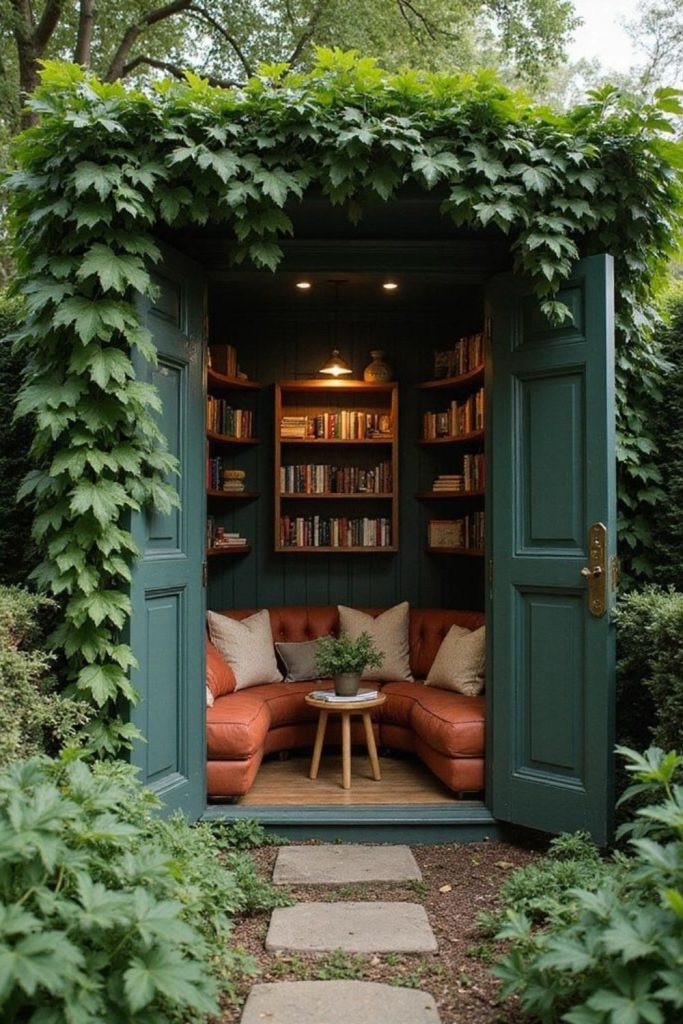 Botanical library with secret garden charm.