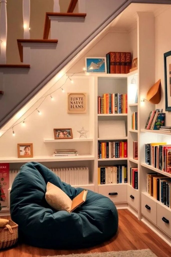 Hidden reading library under staircase.