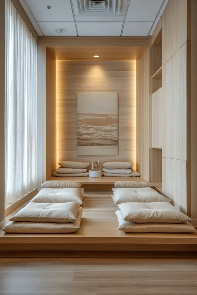 Serene box room meditation space design.