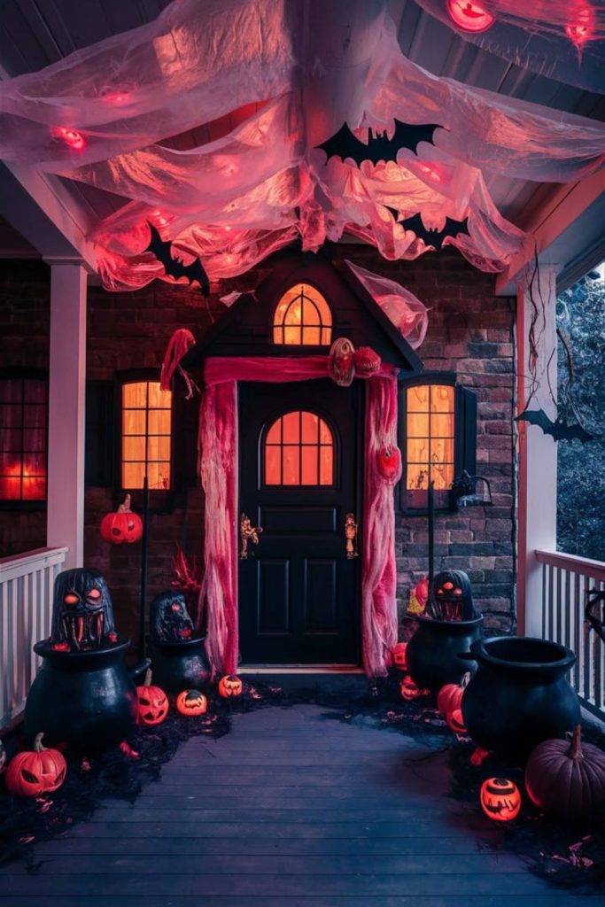Shadow phantom themed haunted porch entrance.
