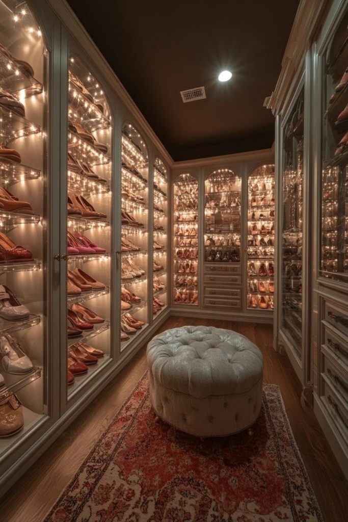 Stylish shoe showcase wardrobe interior.