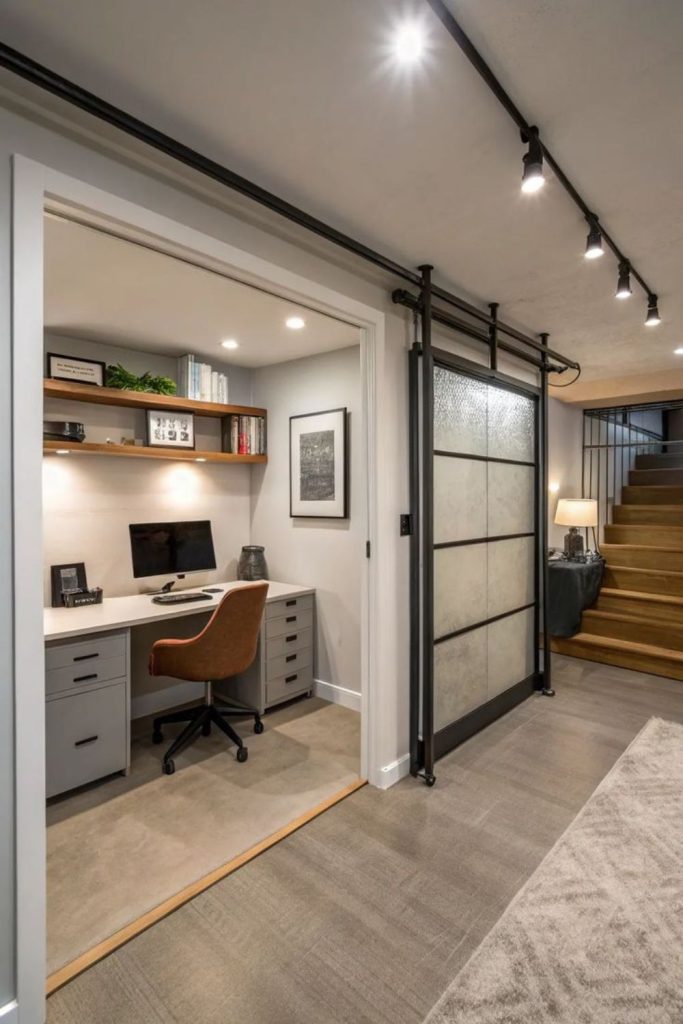 Simple unfinished basement home office