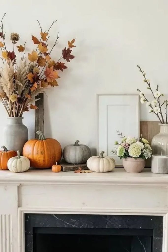 Simple pumpkin trio arranged on autumn mantel.