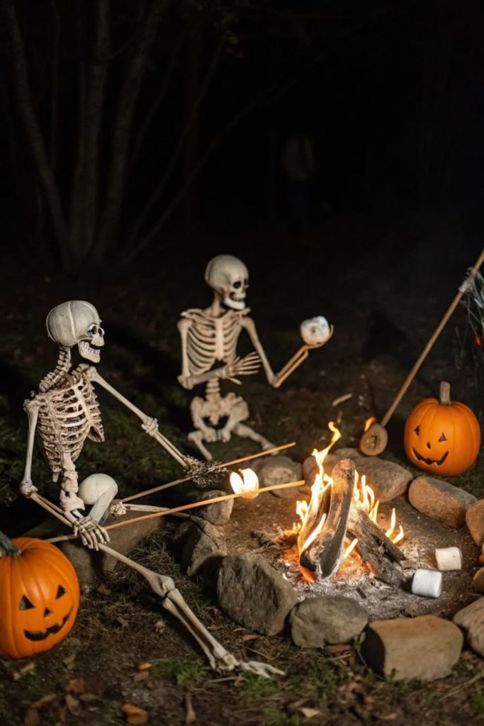 Skeleton campfire party with eerie decorations.