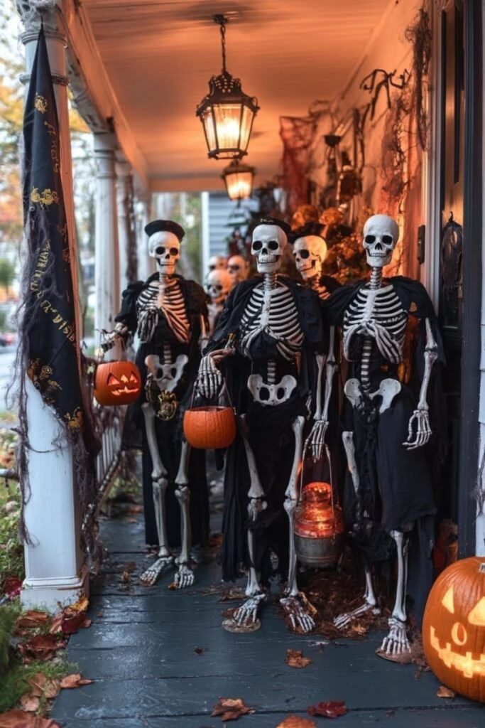 Skeleton family gathered on spooky porch.