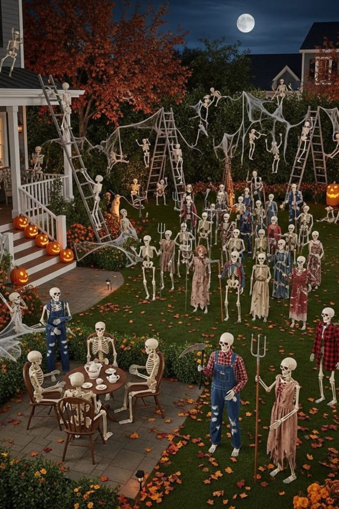 Skeleton family gathering around outdoor table.