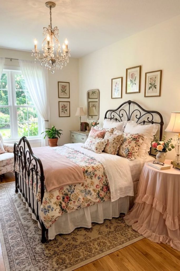 Skirted nightstand grandmillennial bedroom.