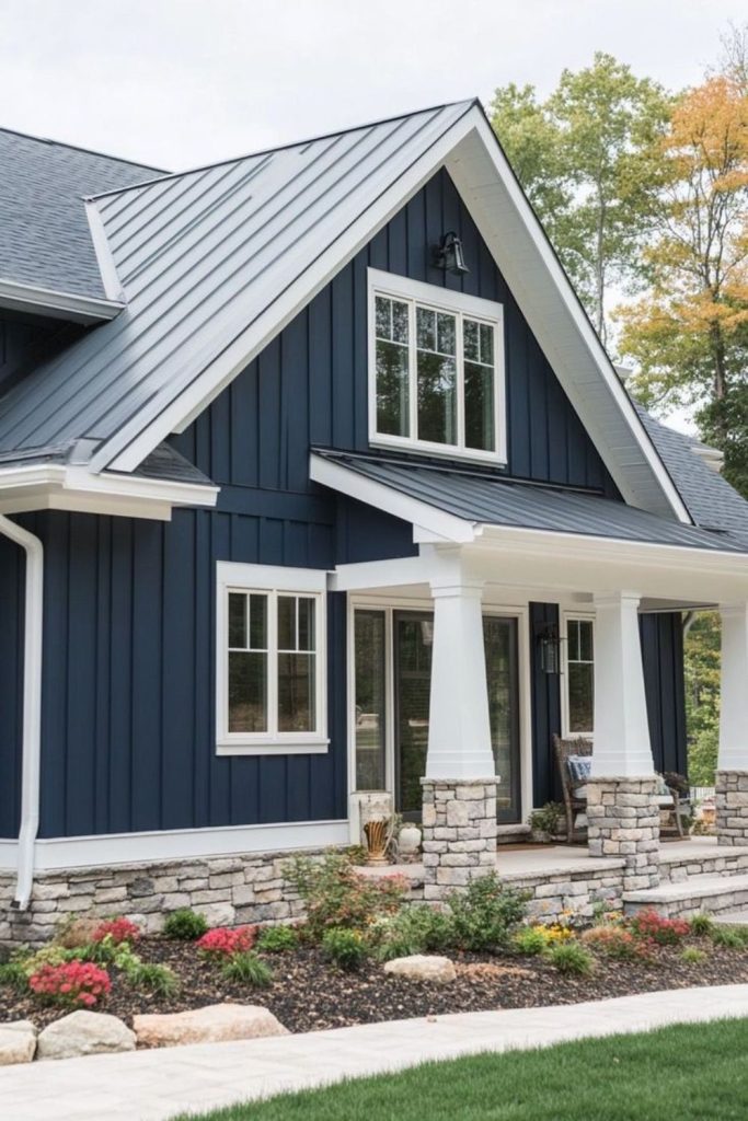 Slate blue exterior with natural stone.