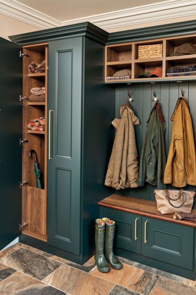Slim galley boot room with cabinets.