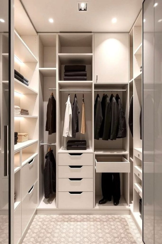 Smart modular walk-in wardrobe storage.