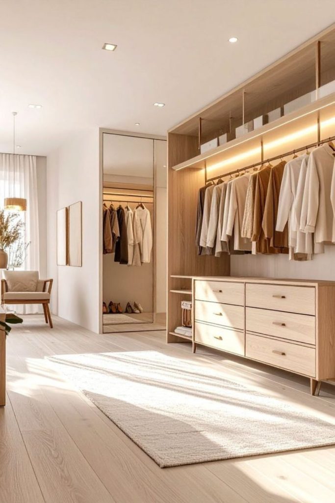 Soft beige elegant dressing room.