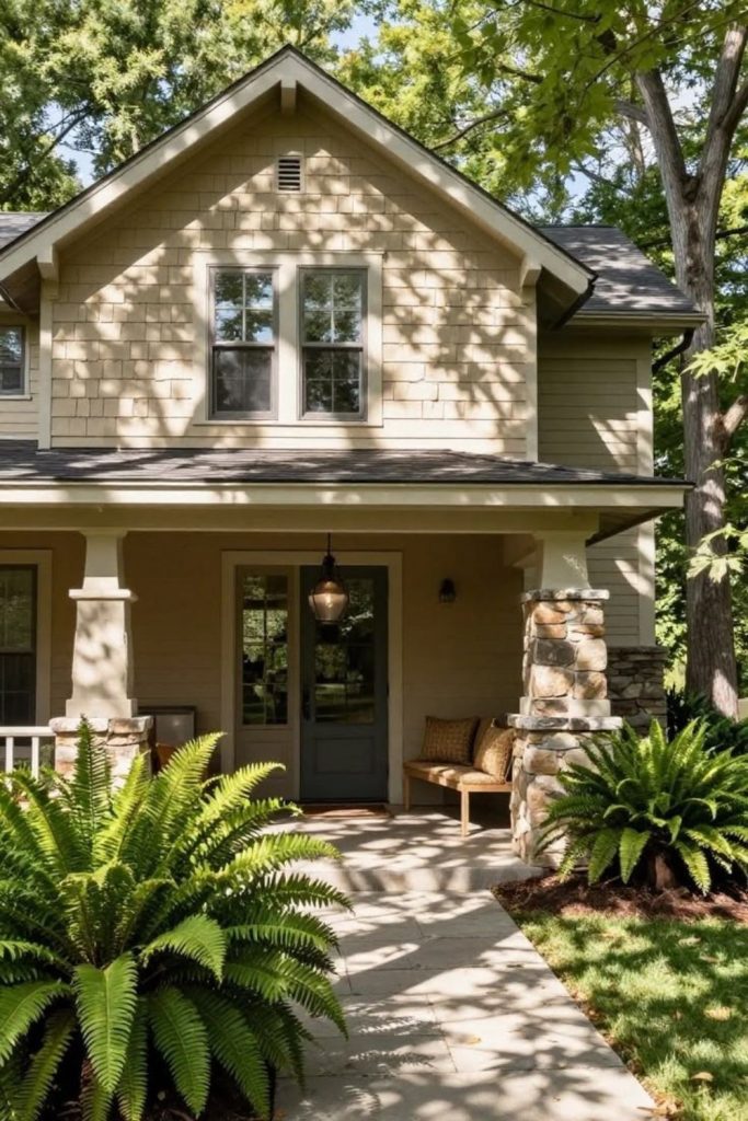 Soft beige family house facade.
