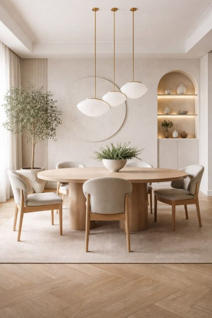 Soft beige dining room with elegance.