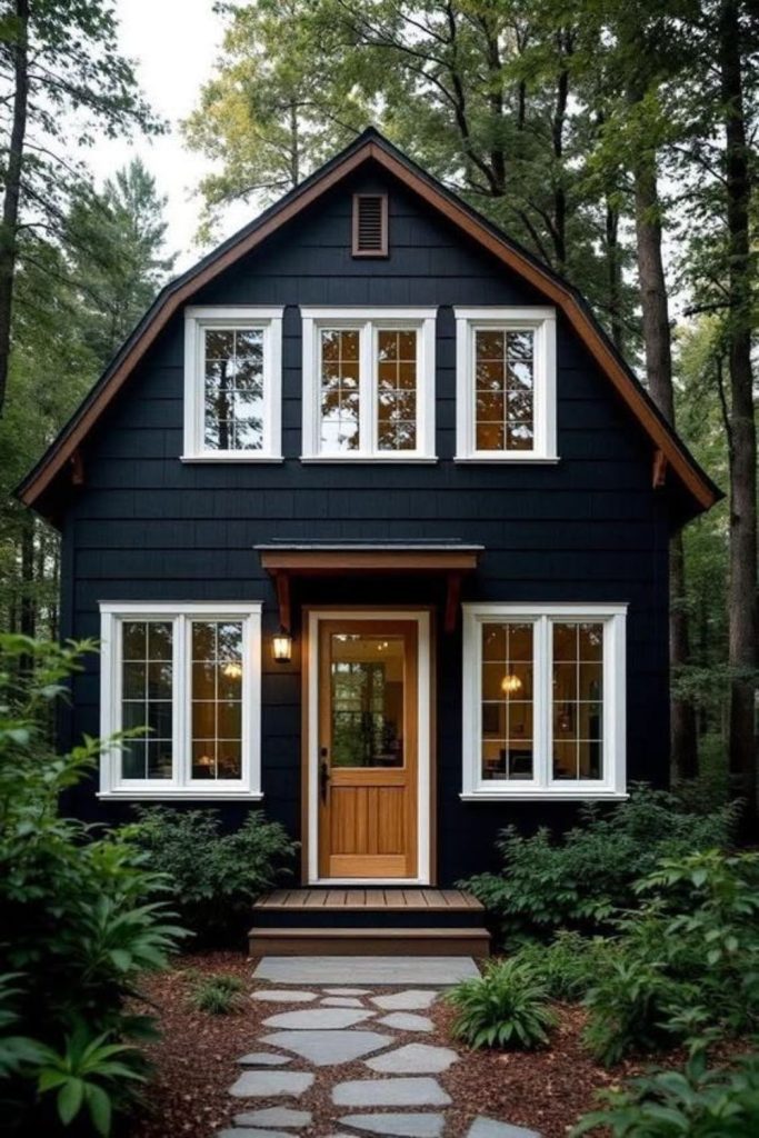 Soft black exterior with natural oak.