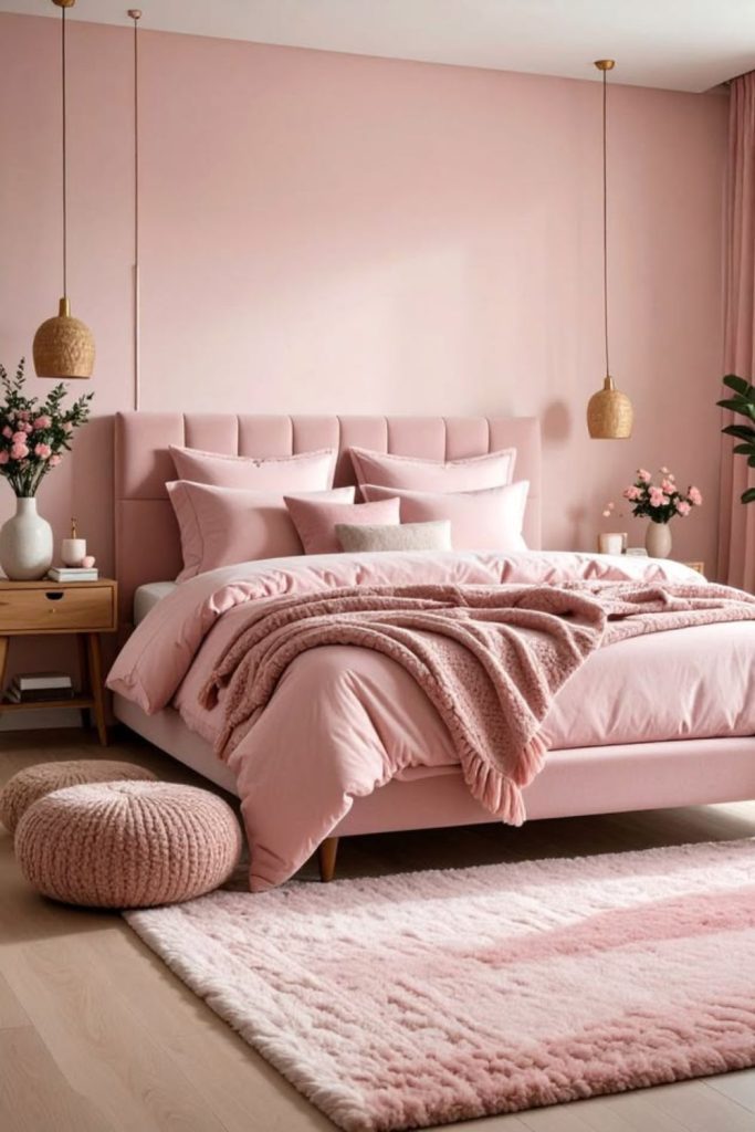 Blush pink bedroom with boucle seating.
