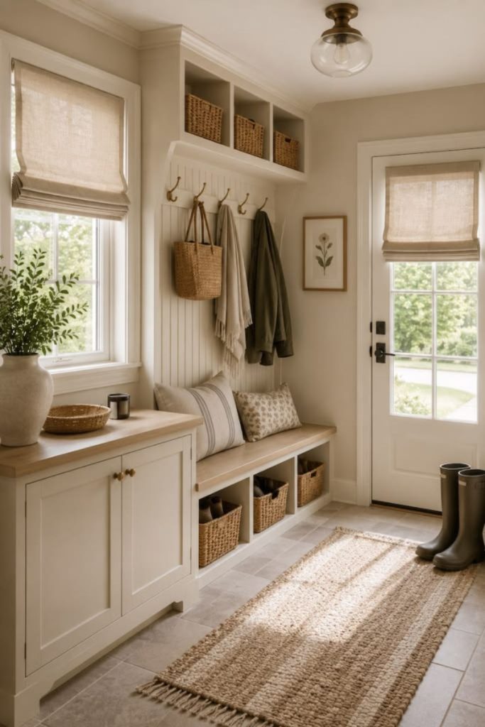 Soft neutral boot room with bench.
