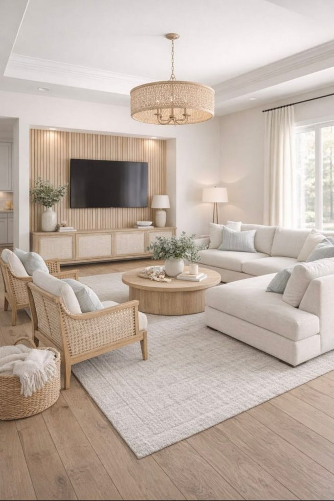 Soft neutral broken plan family room.