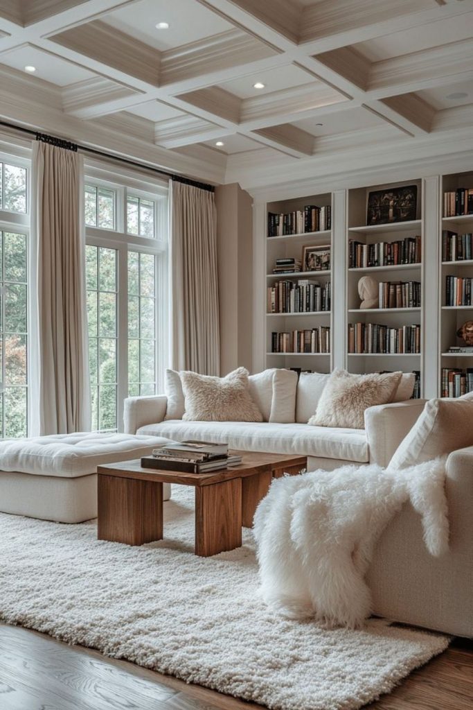 Soft neutral library with cozy furnishings.