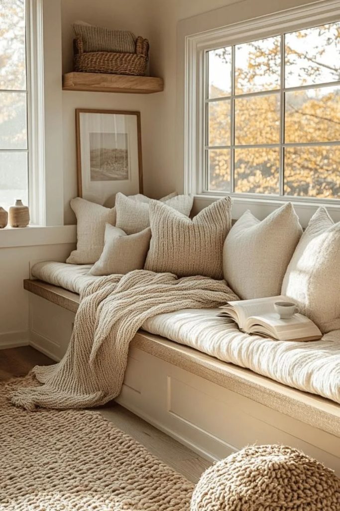 Soft neutral cozy window sanctuary.