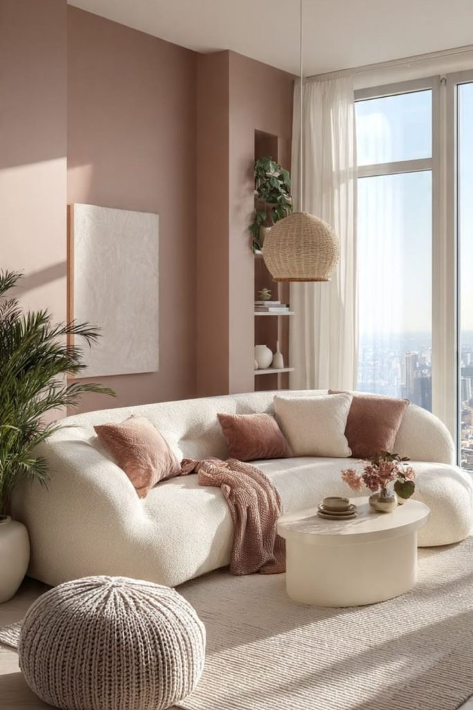 Soft pink broken plan lounge interior.