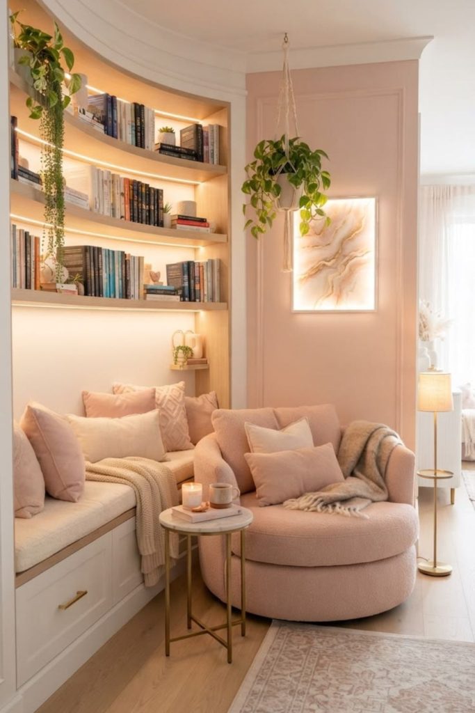 Soft pink romantic reading nook.