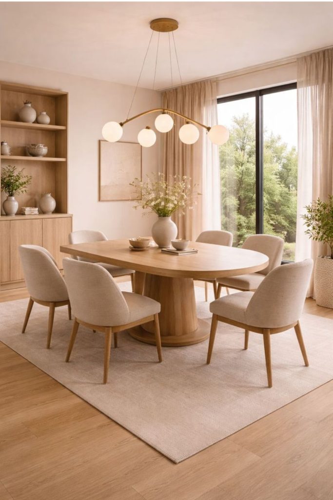 Bright Scandinavian dining room with oak.