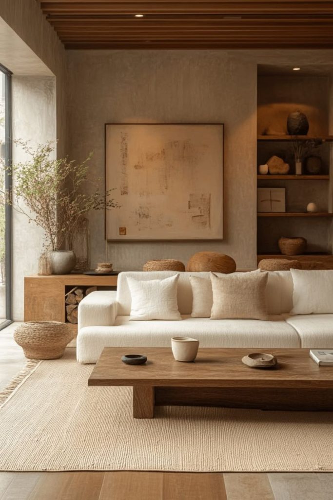 Soft taupe Japandi living room.