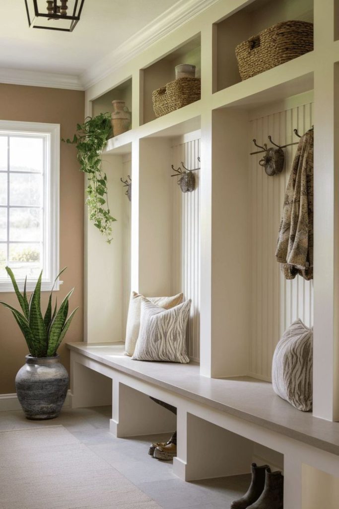 Sophisticated transitional mudroom storage design
