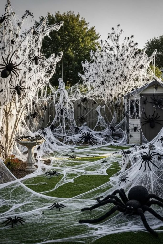 Giant spider webs covering spooky porch.