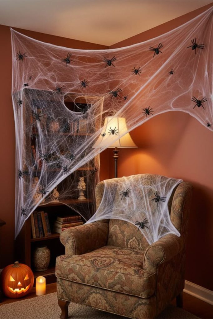 Spooky DIY spiderweb Halloween corner