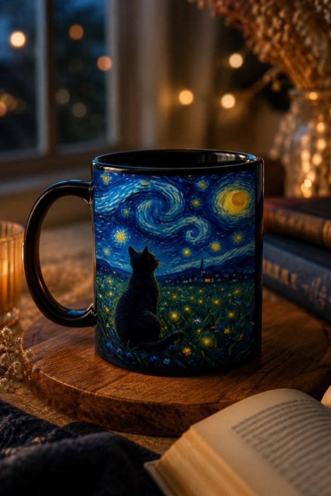 Starry night cat pottery design.