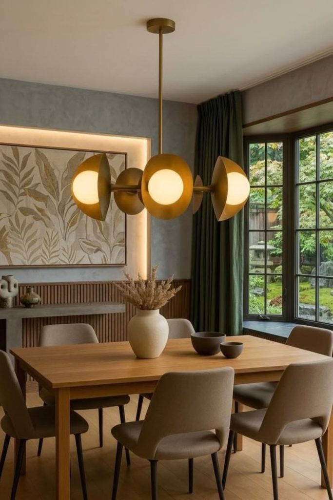 Statement chandelier over elegant dining table.