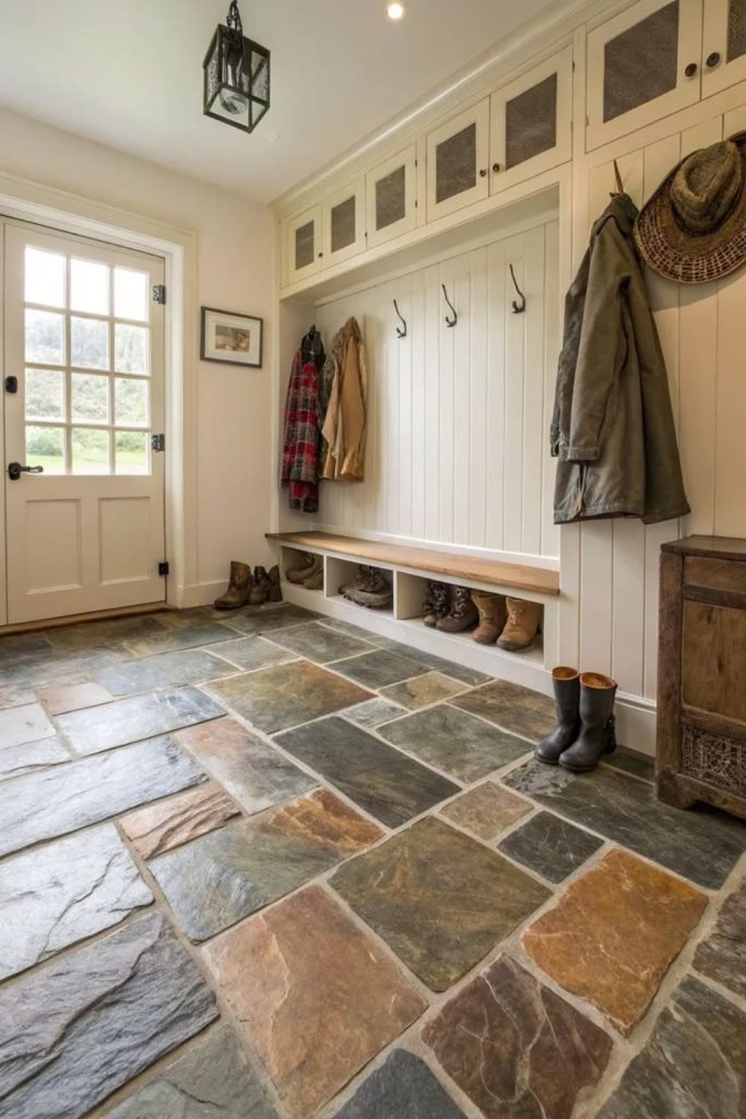 Statement tile boot room interior design.