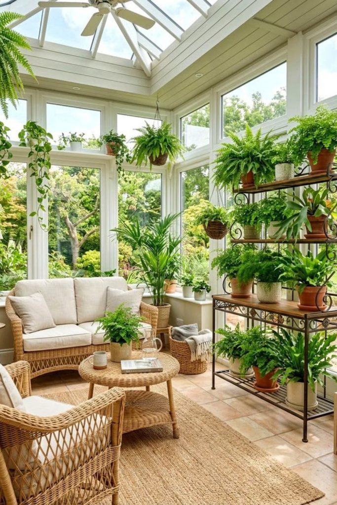 Sunlit botanical conservatory filled with greenery.