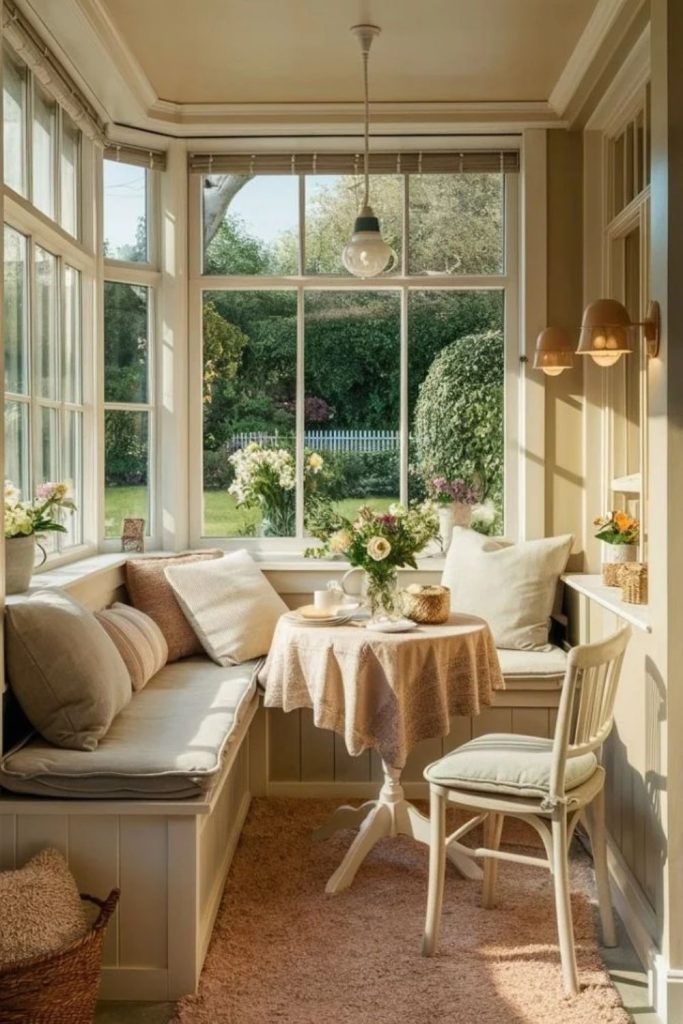 Sunlit window seat breakfast nook.