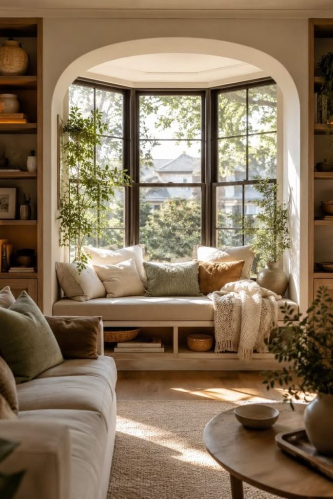 Sunlit reading nook living room design.