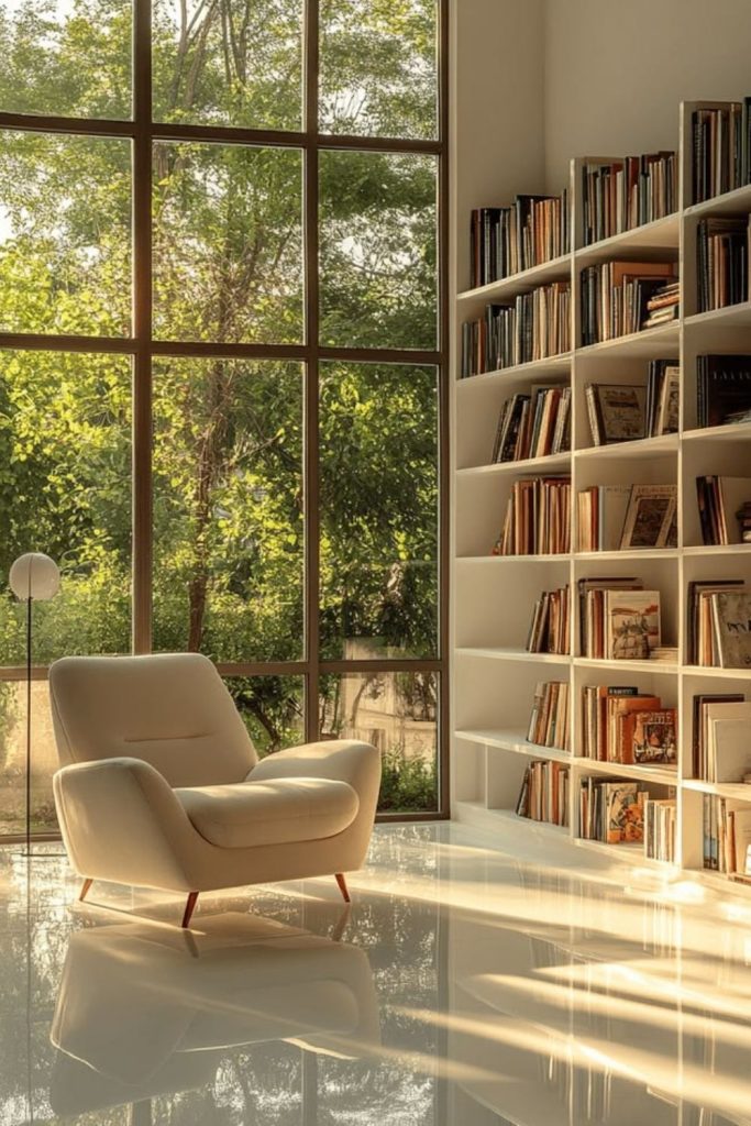 Sunlit window library with cozy bench.