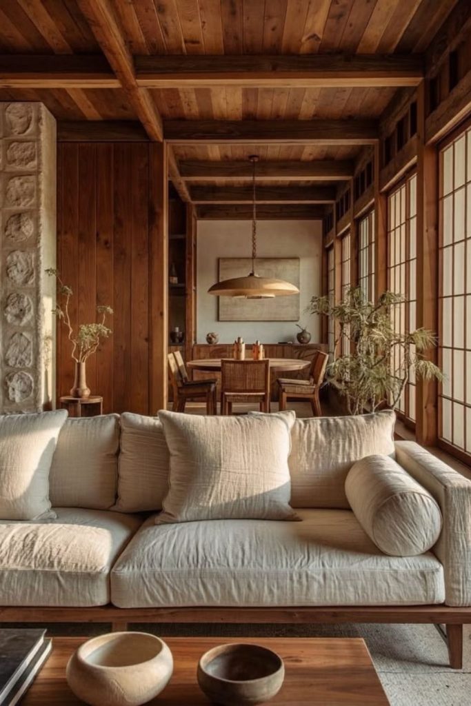Sunlit wooden Japandi living room.