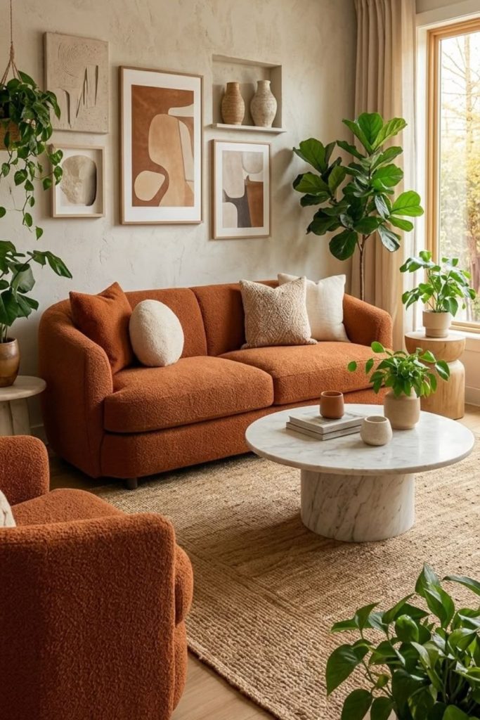 Terracotta modern broken plan living room.