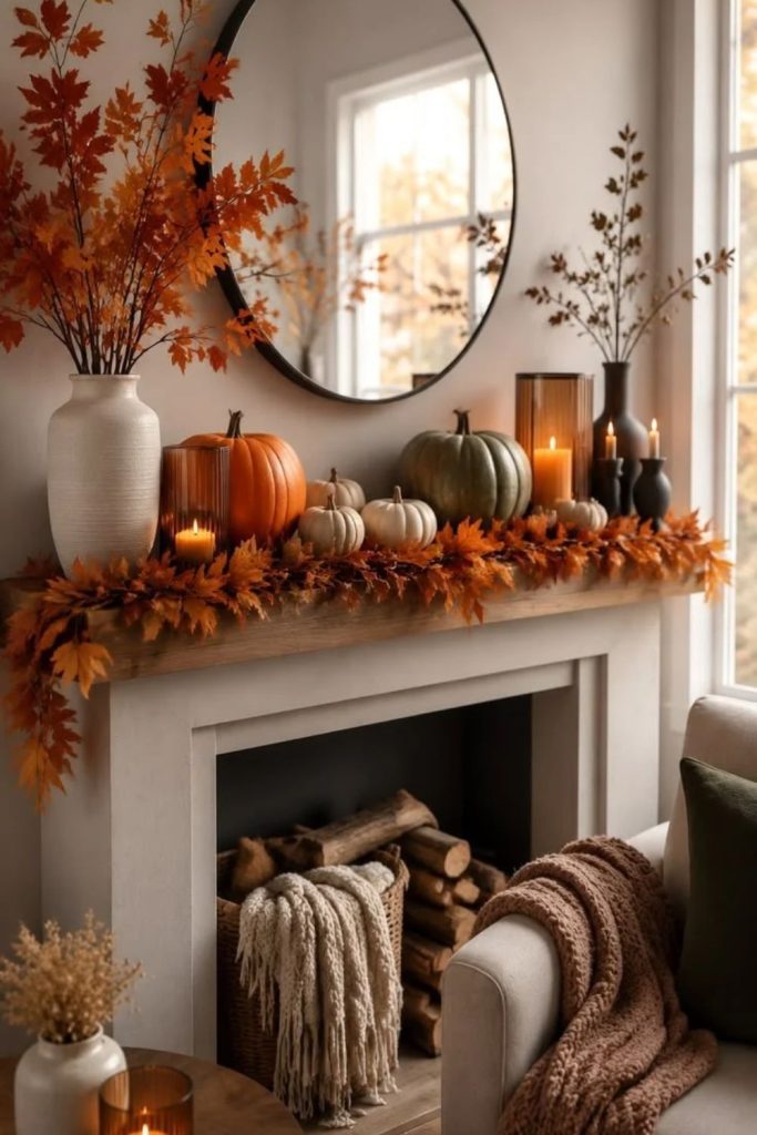 Terracotta pumpkin mantel with earthy autumn accents.